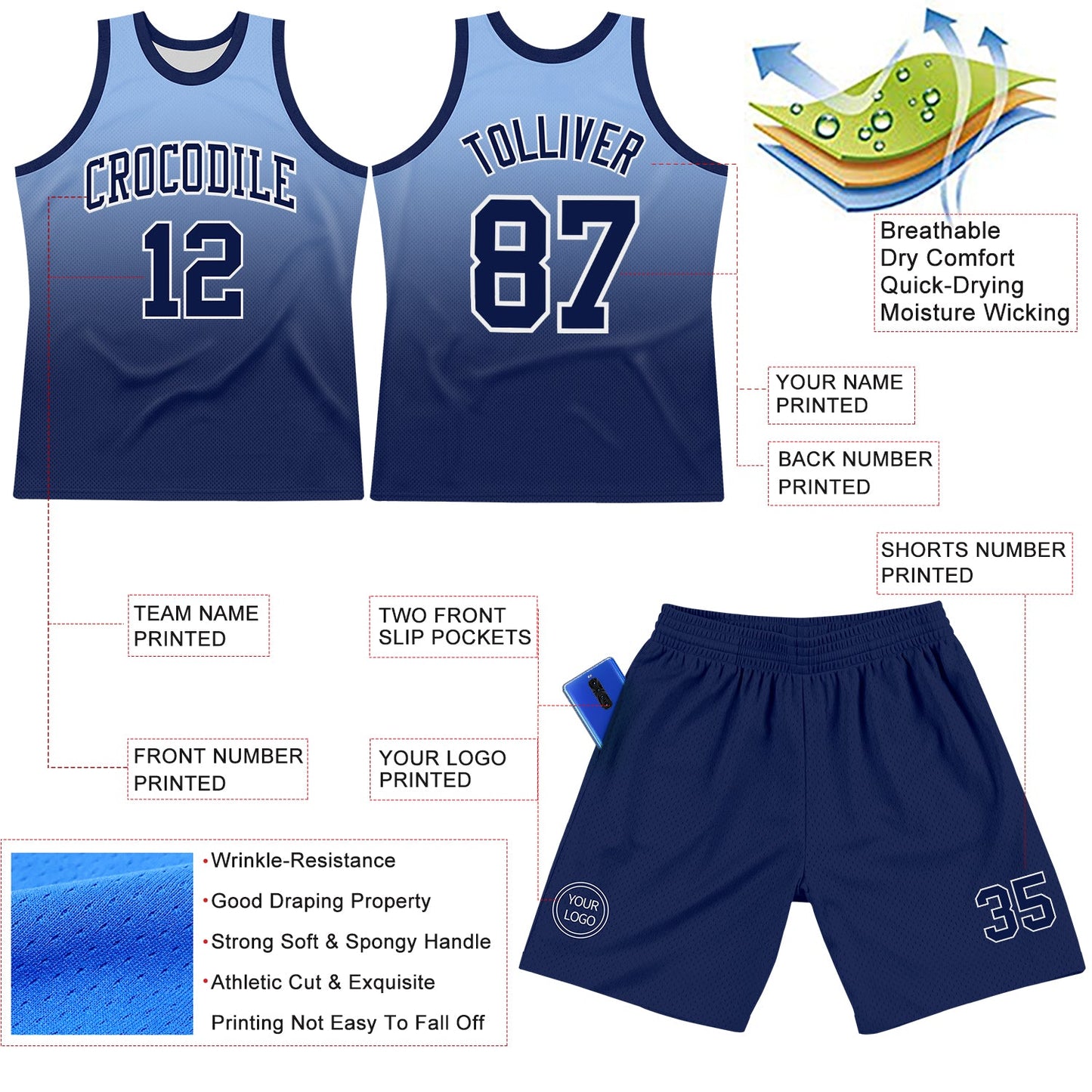 Custom Light Blue Navy-White Fade Fashion Round Neck Sublimation Basketball Suit Jersey - Sky-Custom