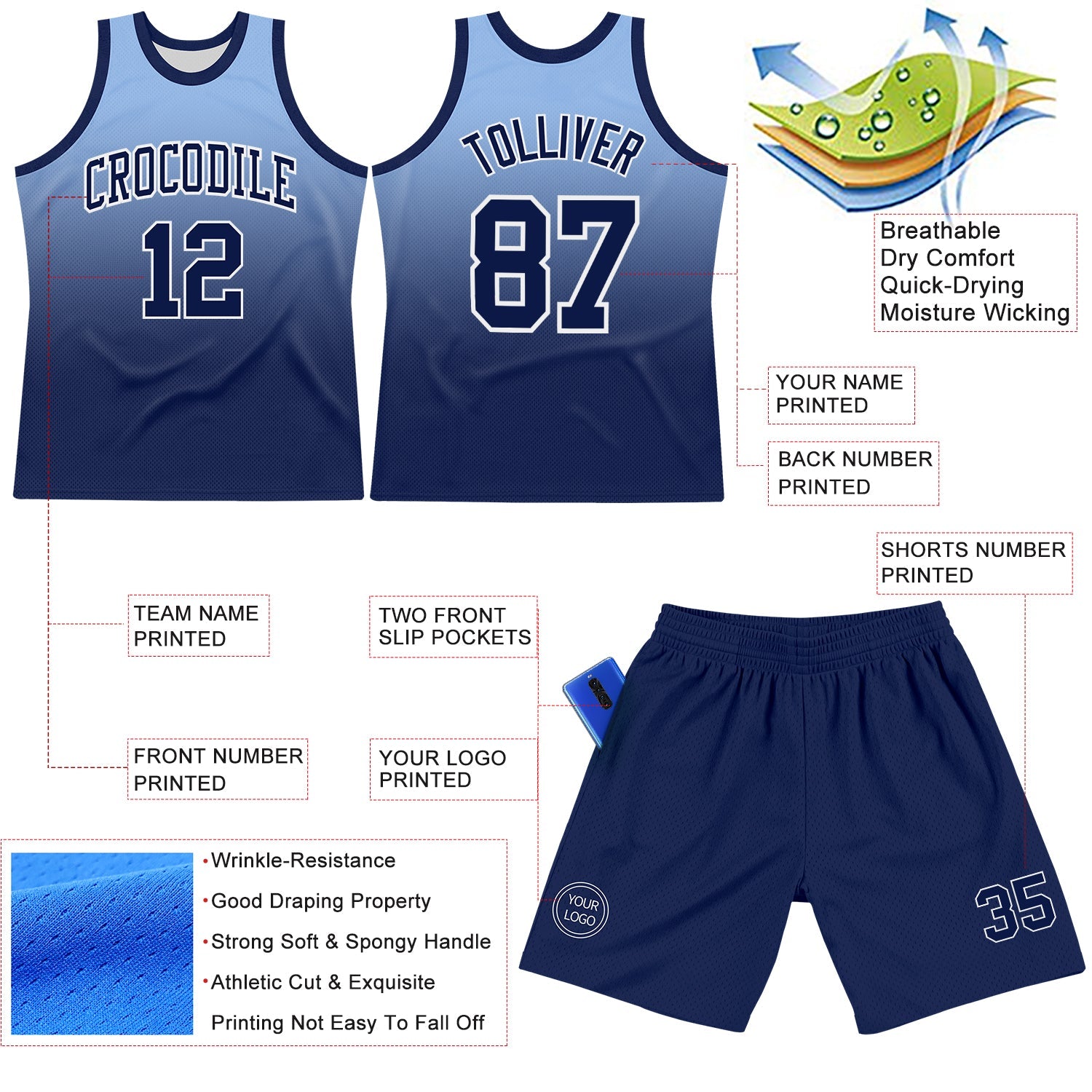 Custom Light Blue Navy-White Fade Fashion Round Neck Sublimation Basketball Suit Jersey - Sky-Custom