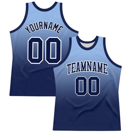 Custom Light Blue Navy-White Fade Fashion Round Neck Sublimation Basketball Suit Jersey - Sky-Custom