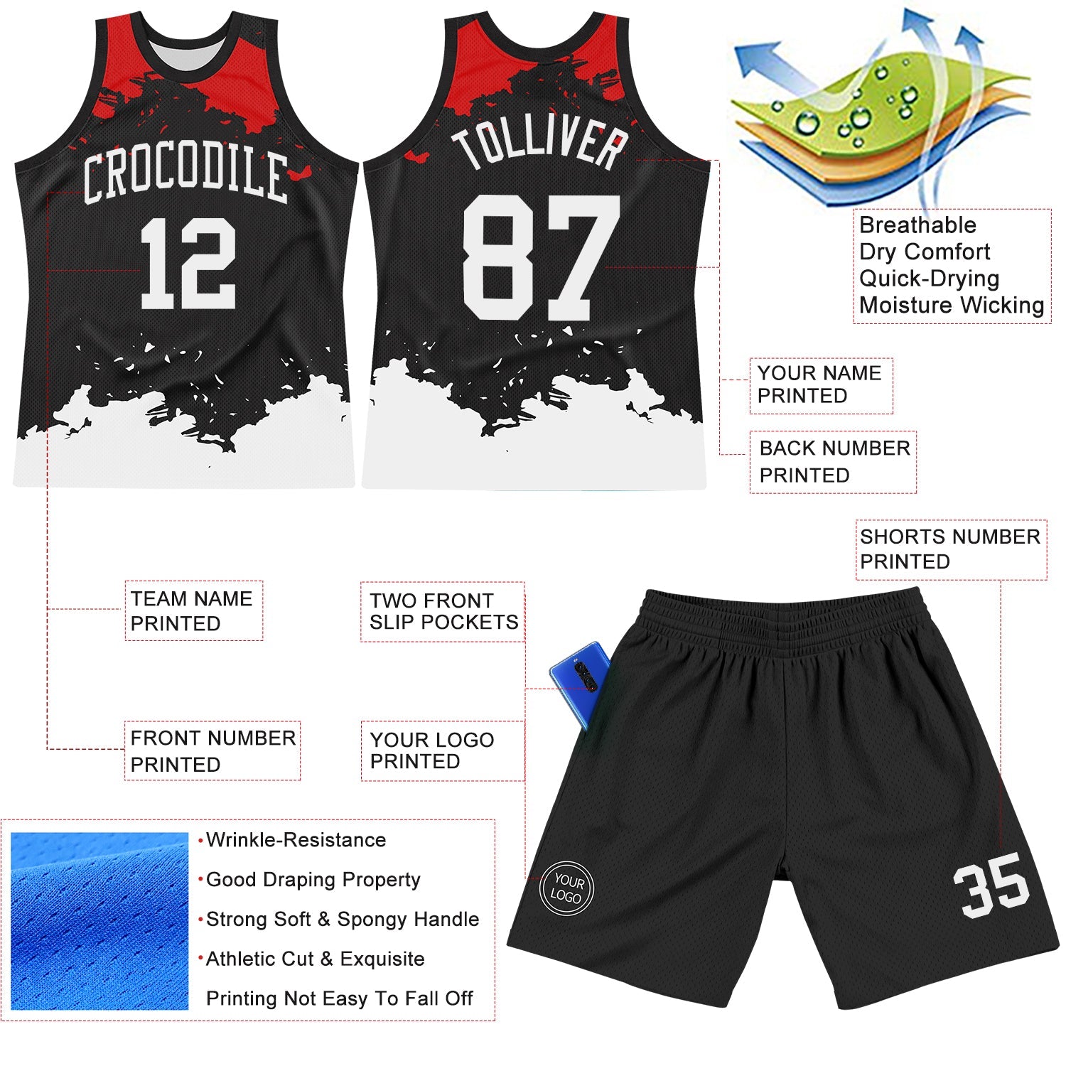 Custom Black White-Red Fragment Art Round Neck Sublimation Basketball Suit Jersey - Sky-Custom