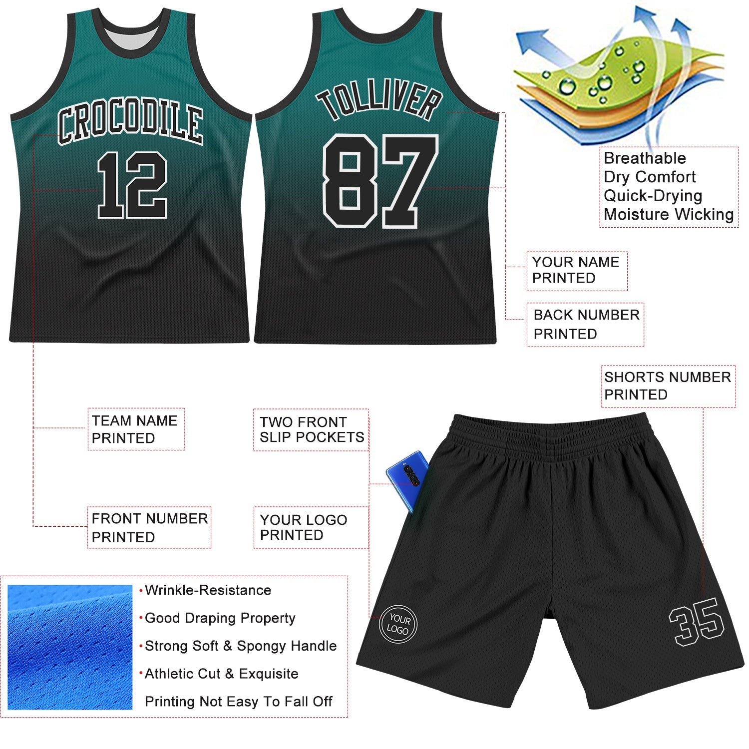 Custom Teal Black-White Fade Fashion Round Neck Sublimation Basketball Suit Jersey - Sky-Custom