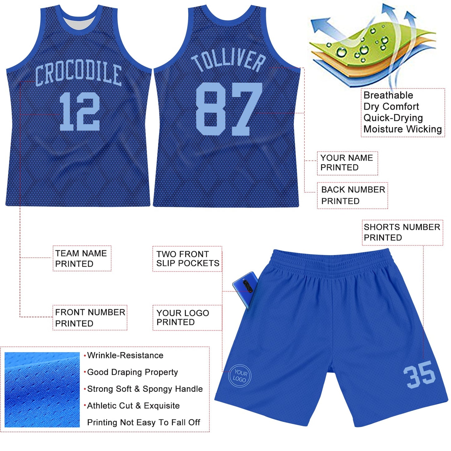 Custom Royal Light Blue Dot Round Neck Sublimation Basketball Suit Jersey - Sky-Custom