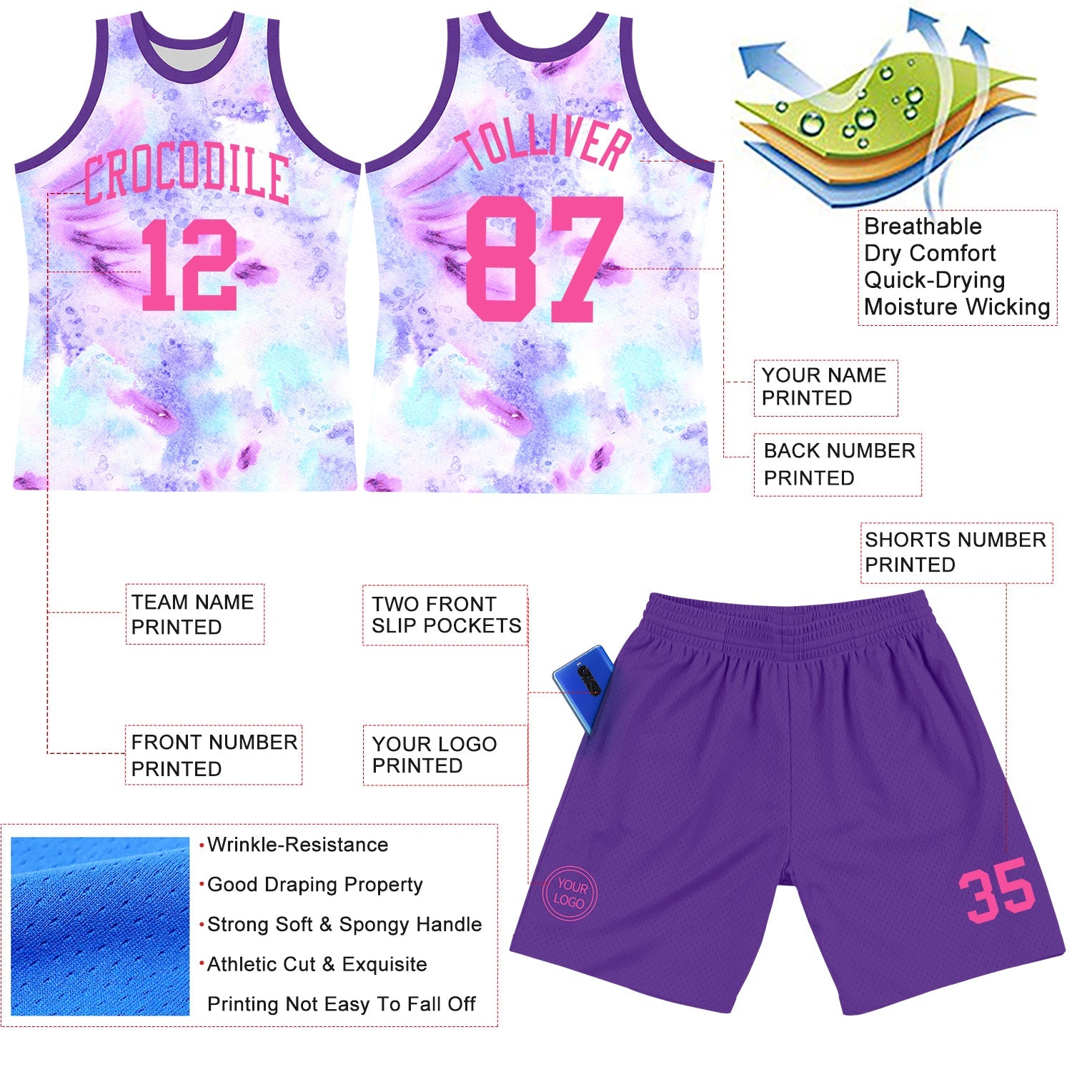 Custom Tie Dye Pink-Purple Round Neck Sublimation Basketball Suit Jersey - Sky-Custom