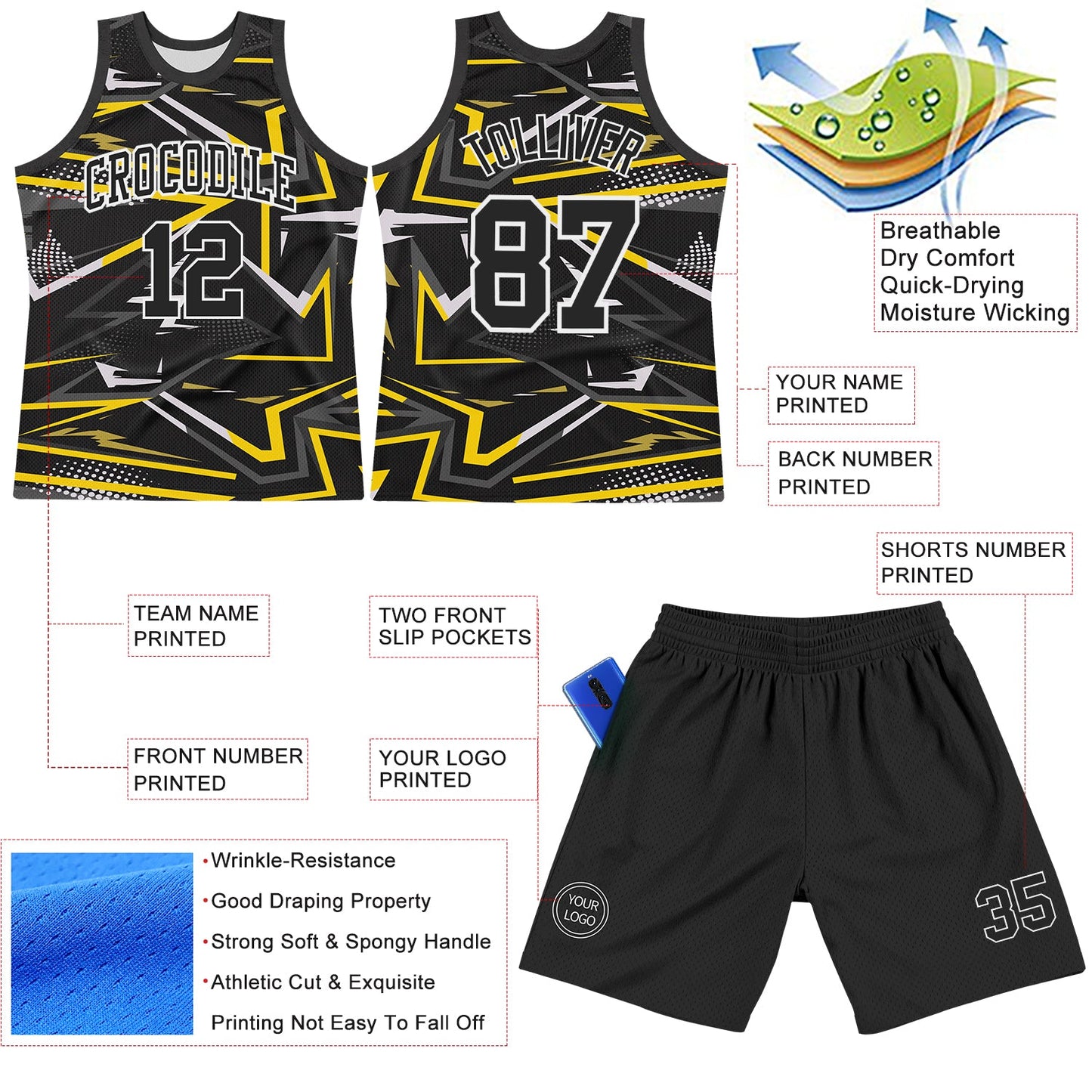 Custom Black Gold-White Line Round Neck Sublimation Basketball Suit Jersey - Sky-Custom