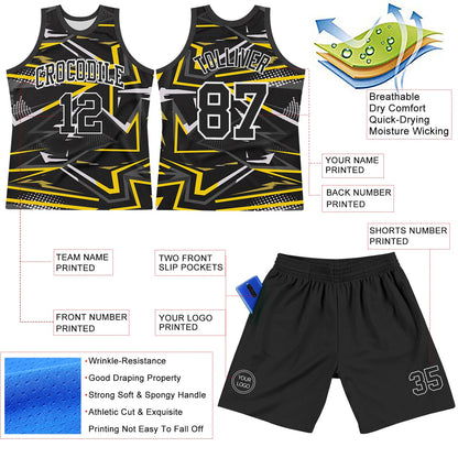 Custom Black Gold-White Line Round Neck Sublimation Basketball Suit Jersey - Sky-Custom