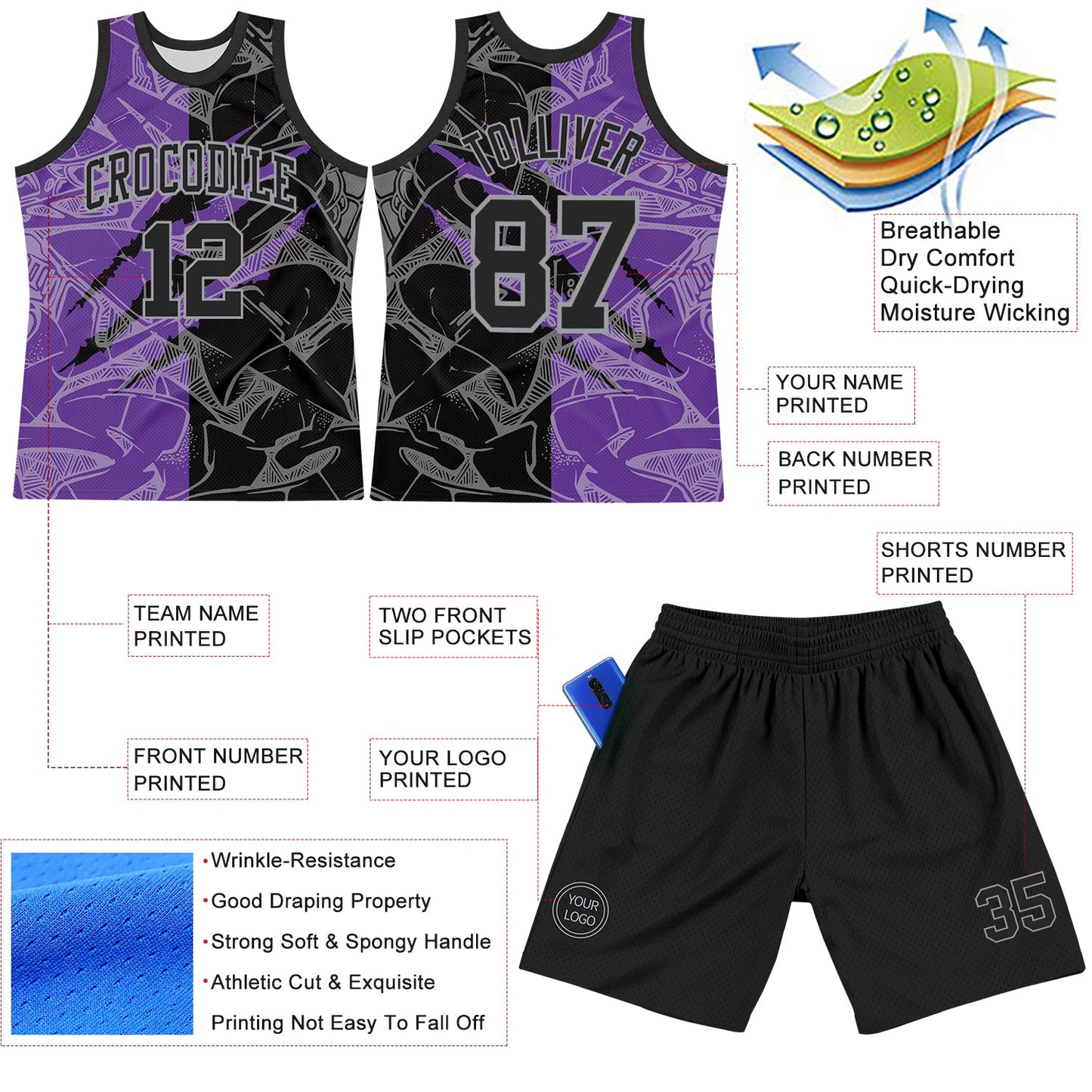 Custom Graffiti Pattern Black Purple-Gray Scratch Round Neck Sublimation Basketball Suit Jersey - Sky-Custom