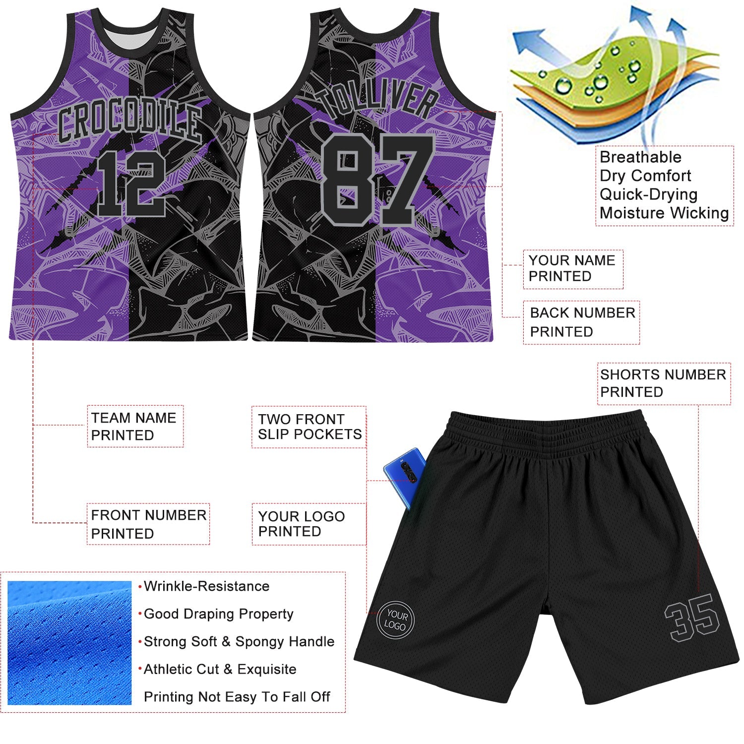 Custom Graffiti Pattern Black Purple-Gray Scratch Round Neck Sublimation Basketball Suit Jersey - Sky-Custom