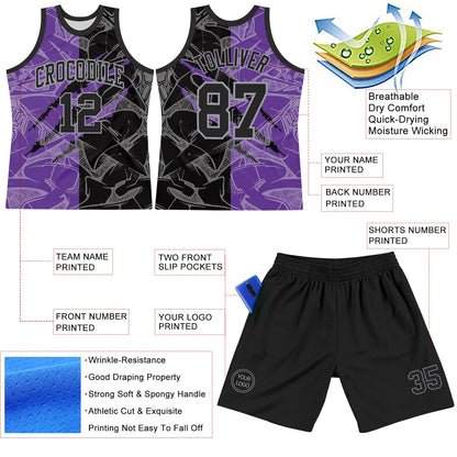 Custom Graffiti Pattern Black Purple-Gray Scratch Round Neck Sublimation Basketball Suit Jersey - Sky-Custom