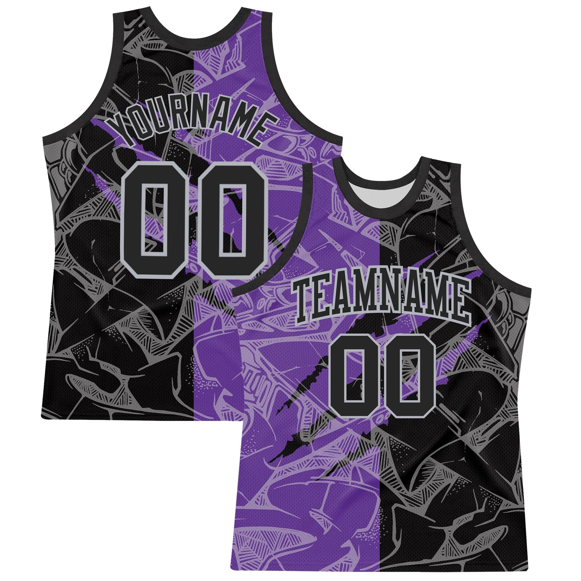 Custom Graffiti Pattern Black Purple-Gray Scratch Round Neck Sublimation Basketball Suit Jersey - Sky-Custom