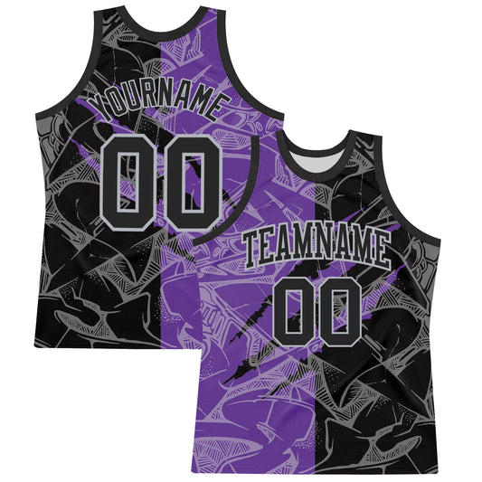 Custom Graffiti Pattern Black Purple-Gray Scratch Round Neck Sublimation Basketball Suit Jersey - Sky-Custom