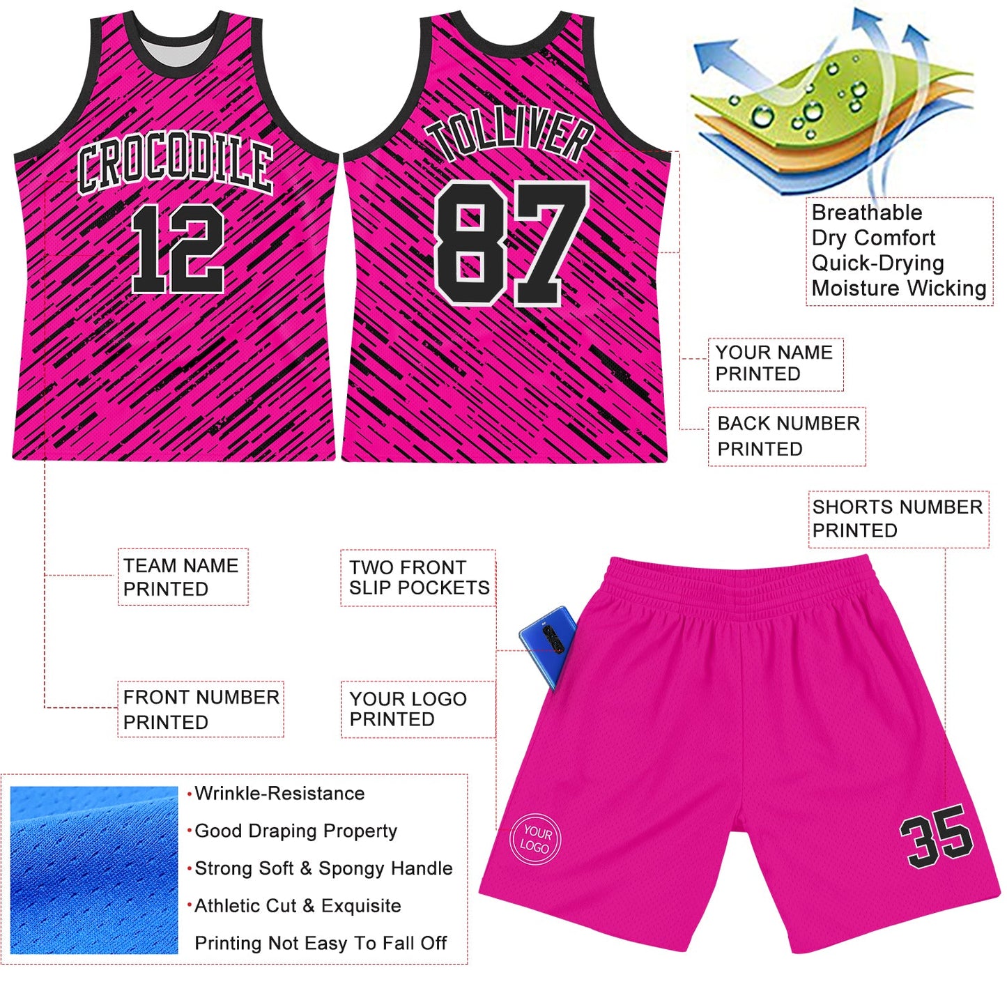 Custom Pink Black-White Line Round Neck Sublimation Basketball Suit Jersey - Sky-Custom