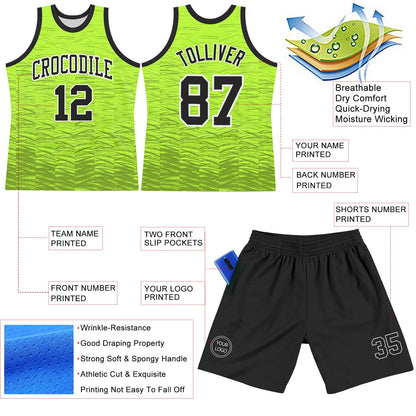 Custom Neon Green Black-White Line Round Neck Sublimation Basketball Suit Jersey - Sky-Custom