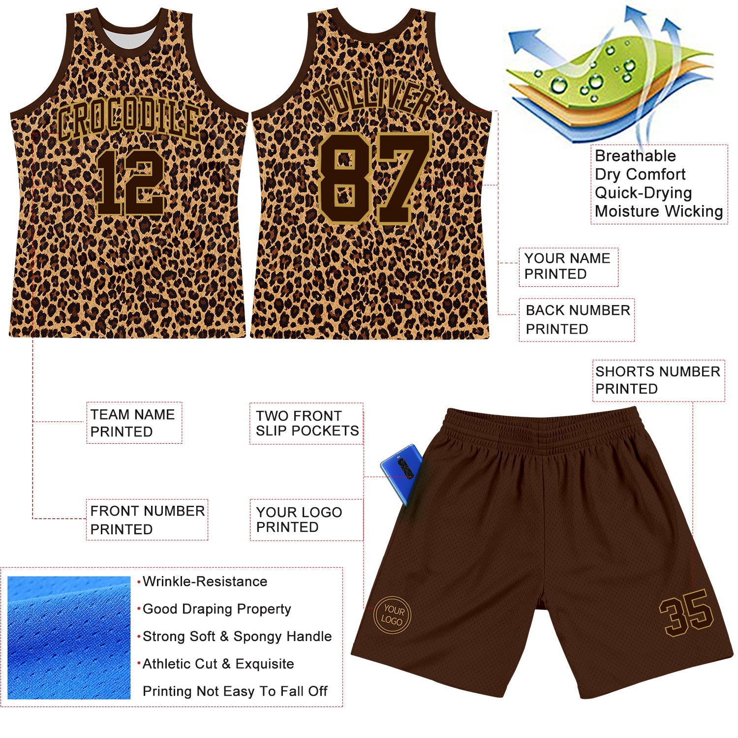 Custom Brown Old Gold Leopard Print Round Neck Sublimation Basketball Suit Jersey - Sky-Custom