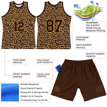 Custom Brown Old Gold Leopard Print Round Neck Sublimation Basketball Suit Jersey - Sky-Custom