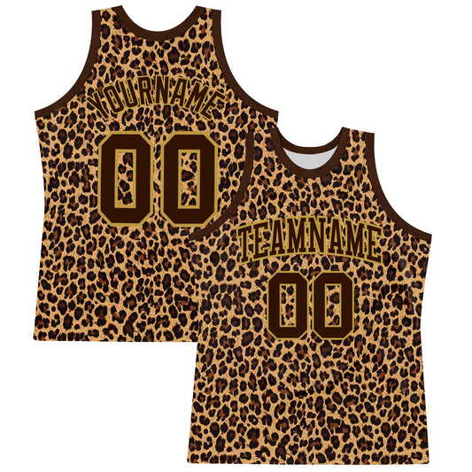 Custom Brown Old Gold Leopard Print Round Neck Sublimation Basketball Suit Jersey - Sky-Custom