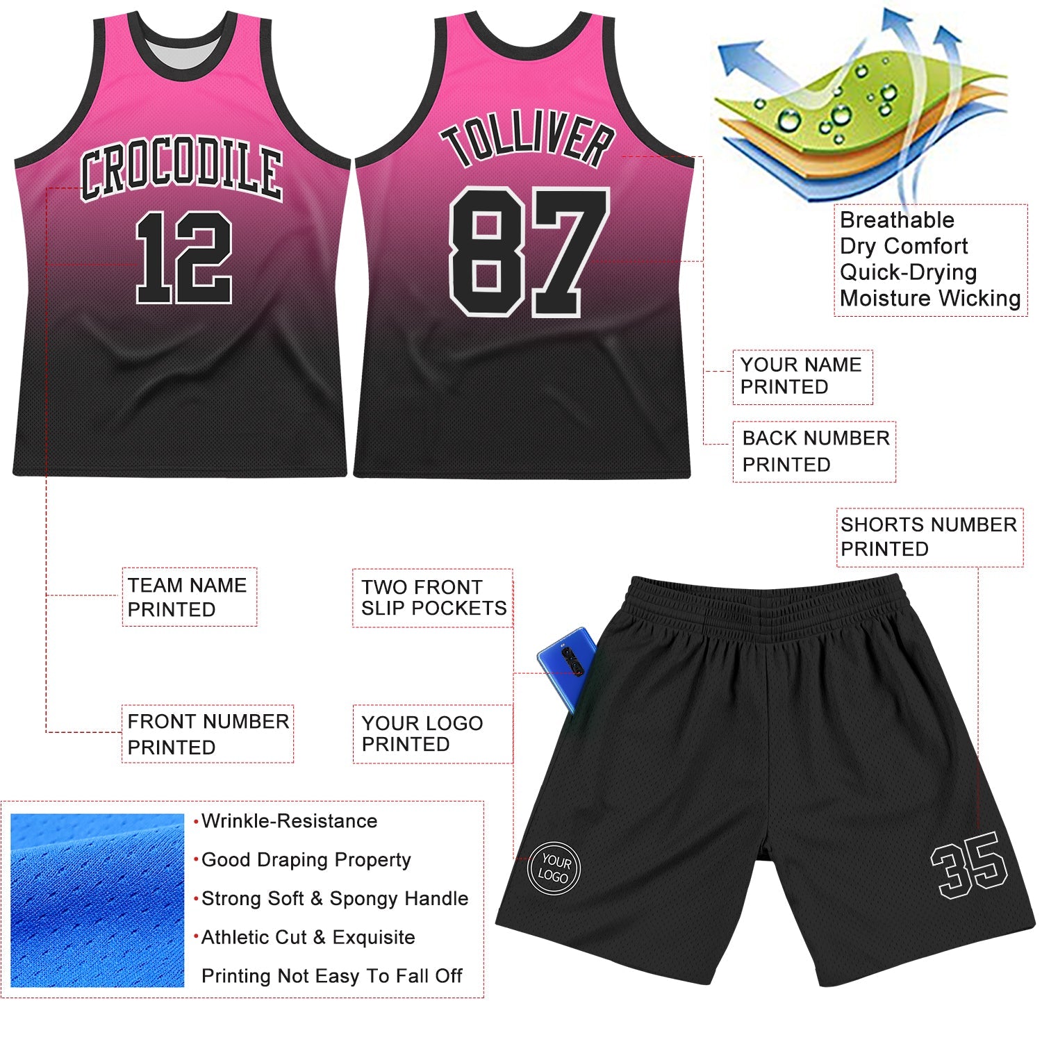 Custom Pink Black-White Fade Fashion Round Neck Sublimation Basketball Suit Jersey - Sky-Custom