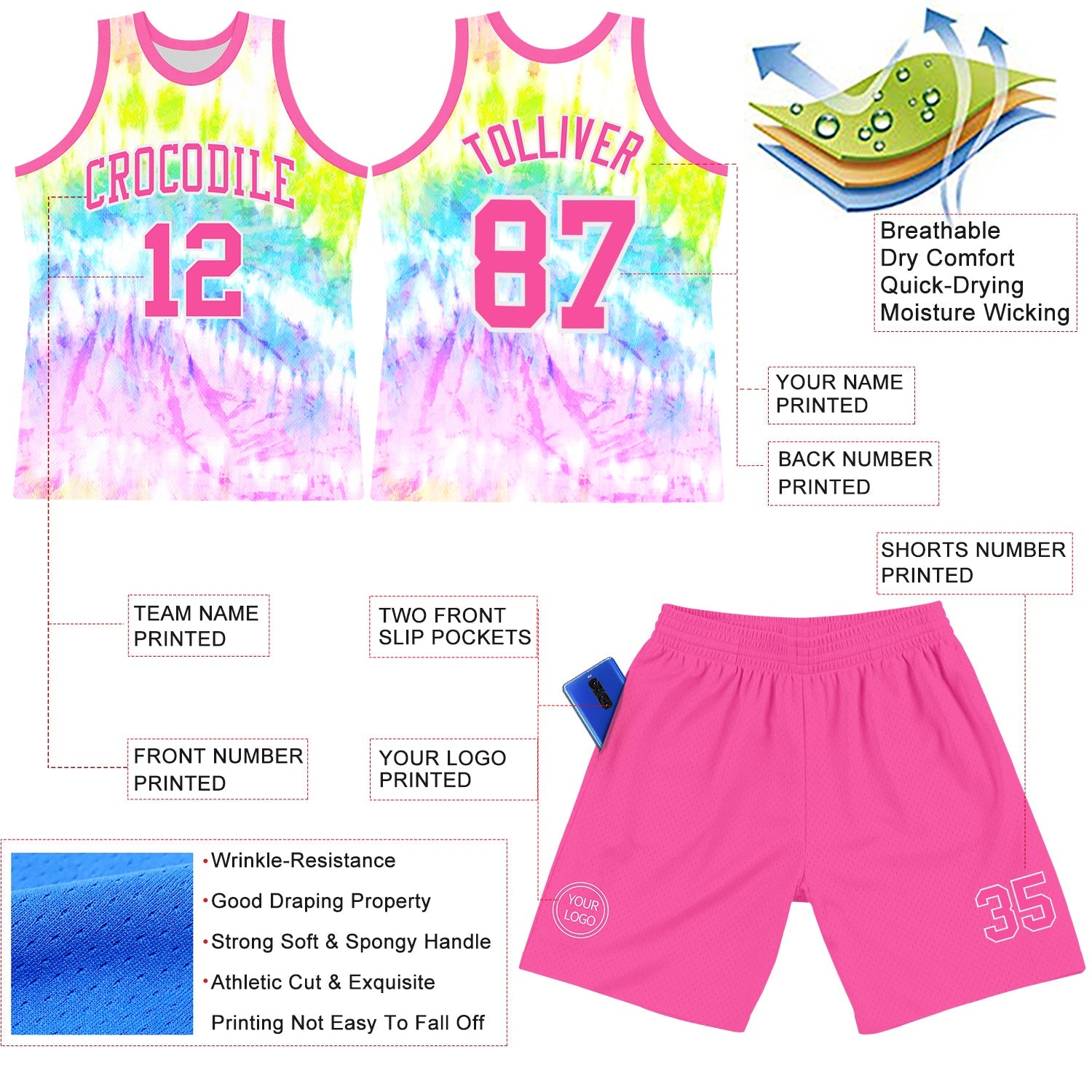 Custom Tie Dye Pink-White Round Neck Sublimation Basketball Suit Jersey - Sky-Custom