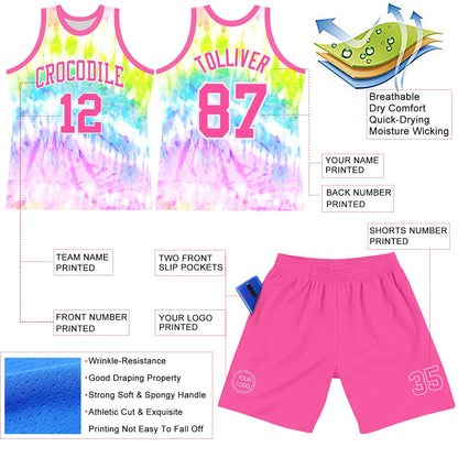Custom Tie Dye Pink-White Round Neck Sublimation Basketball Suit Jersey - Sky-Custom