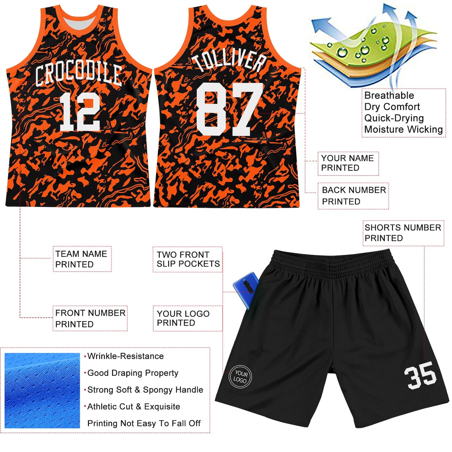 Custom Black White-Orange Fluid Art Round Neck Sublimation Basketball Suit Jersey - Sky-Custom