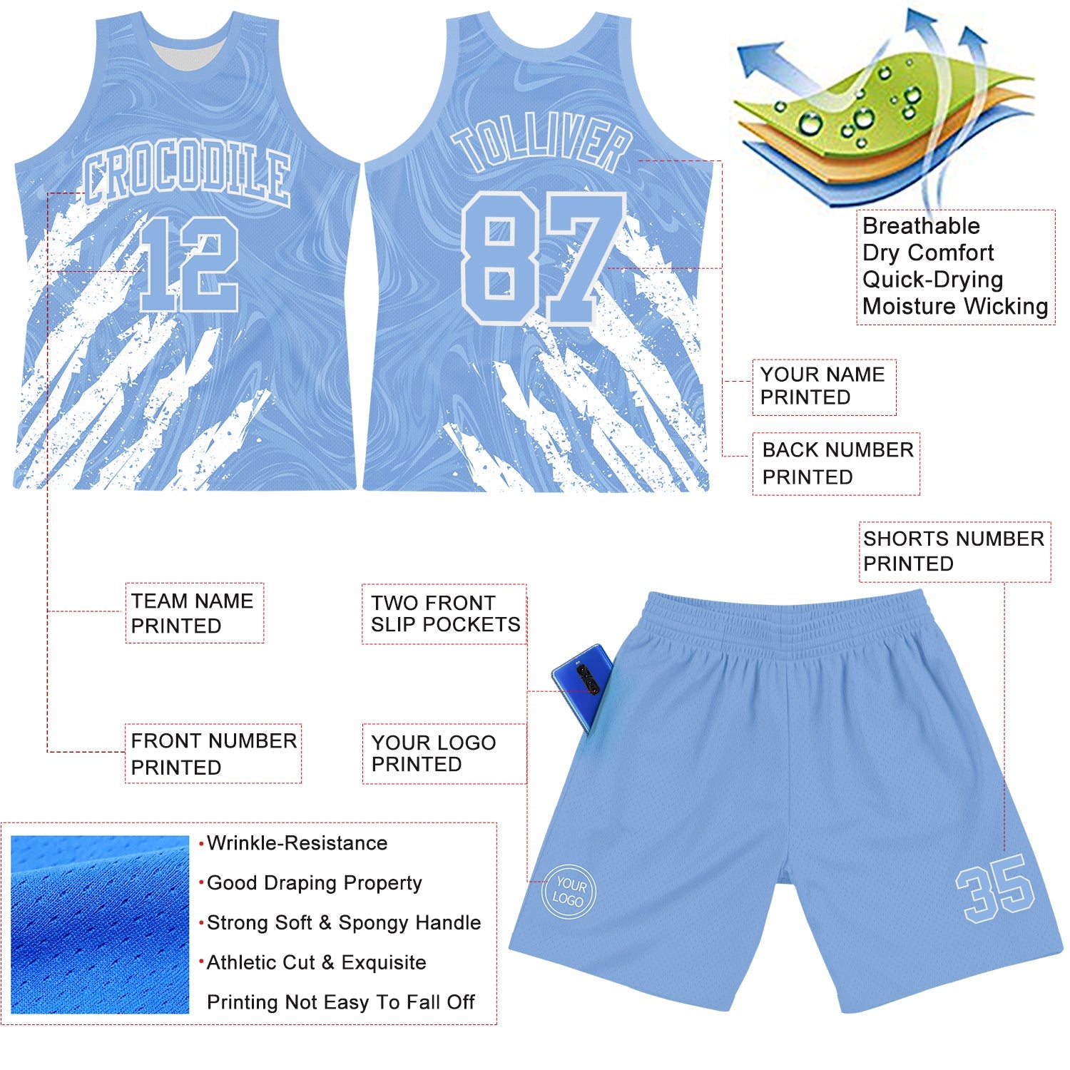 Custom Light Blue White Splash Round Neck Sublimation Basketball Suit Jersey - Sky-Custom