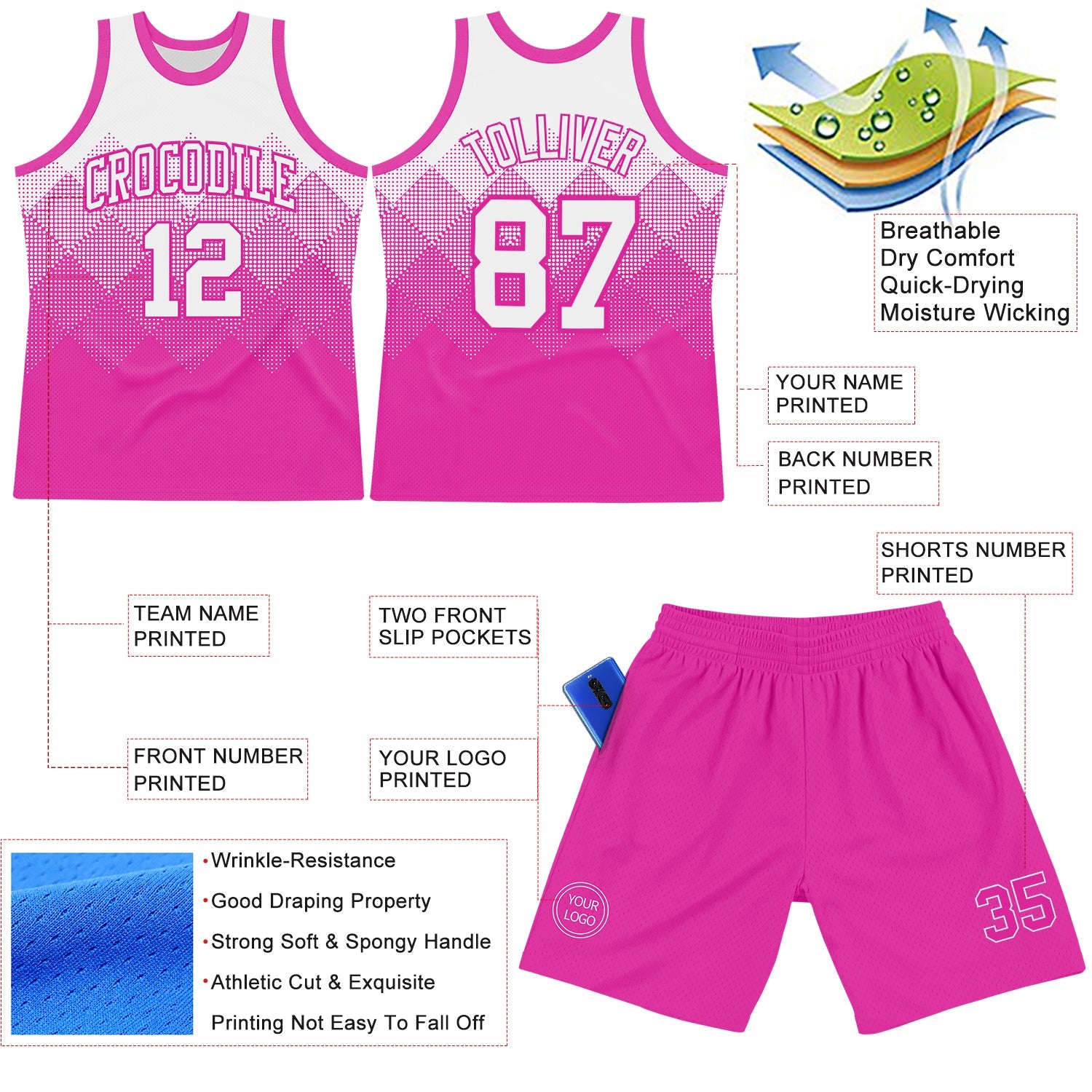 Custom White Deep Pink Gradient Square Shapes Round Neck Sublimation Basketball Suit Jersey - Sky-Custom