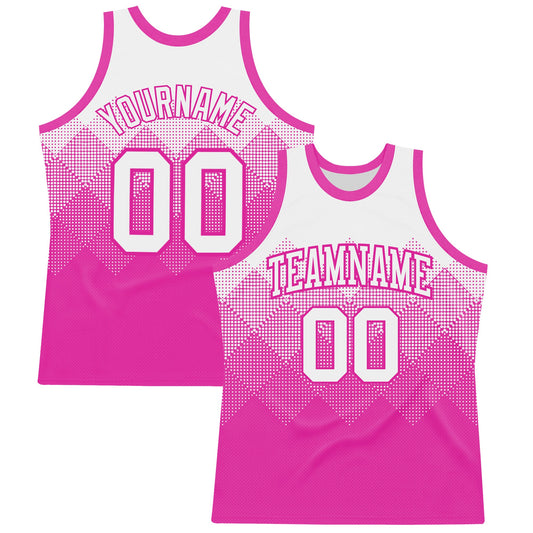 Custom White Deep Pink Gradient Square Shapes Round Neck Sublimation Basketball Suit Jersey - Sky-Custom