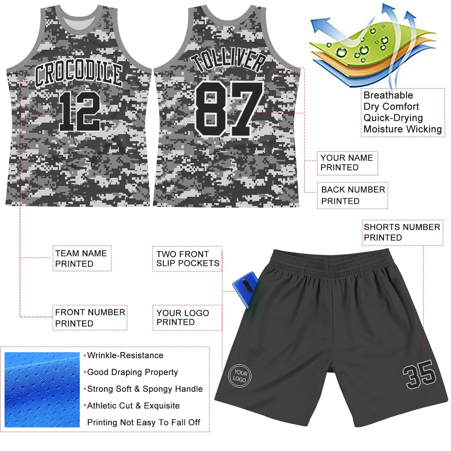 Custom Camo Black-White Round Neck Sublimation Salute To Service Basketball Suit Jersey - Sky-Custom