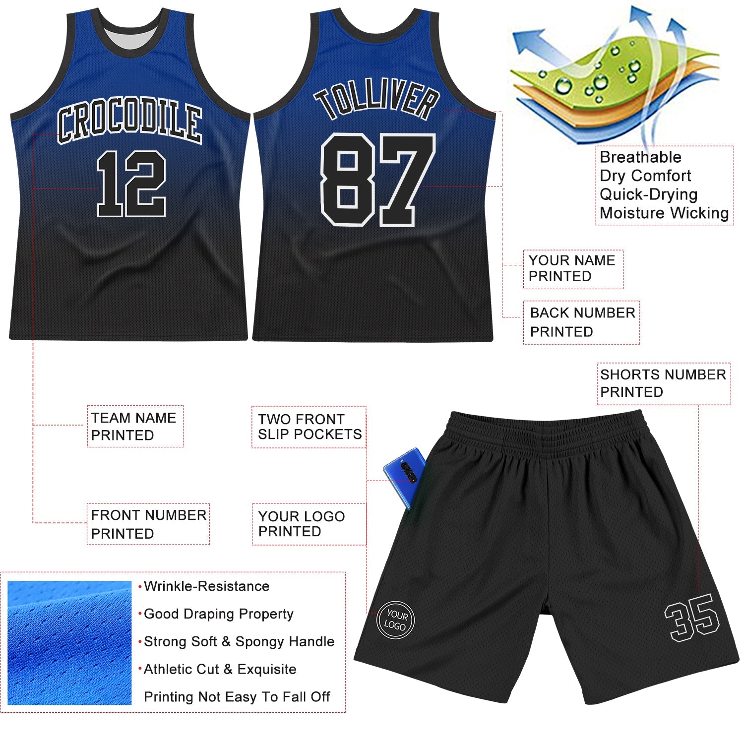 Custom Royal Black-White Fade Fashion Round Neck Sublimation Basketball Suit Jersey - Sky-Custom