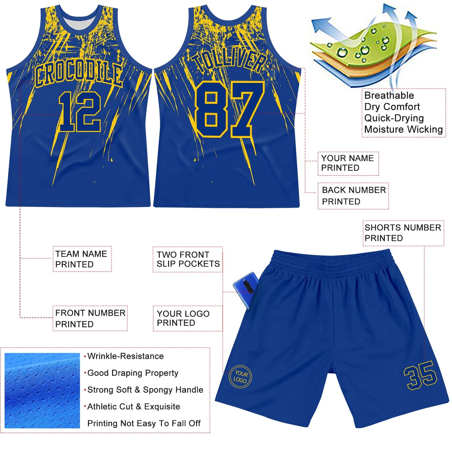 Custom Royal Yellow Splash Round Neck Sublimation Basketball Suit Jersey - Sky-Custom