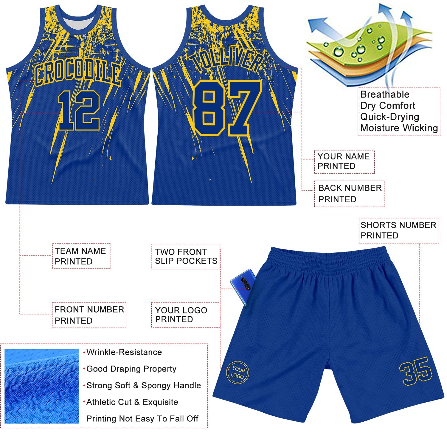 Custom Royal Yellow Splash Round Neck Sublimation Basketball Suit Jersey - Sky-Custom