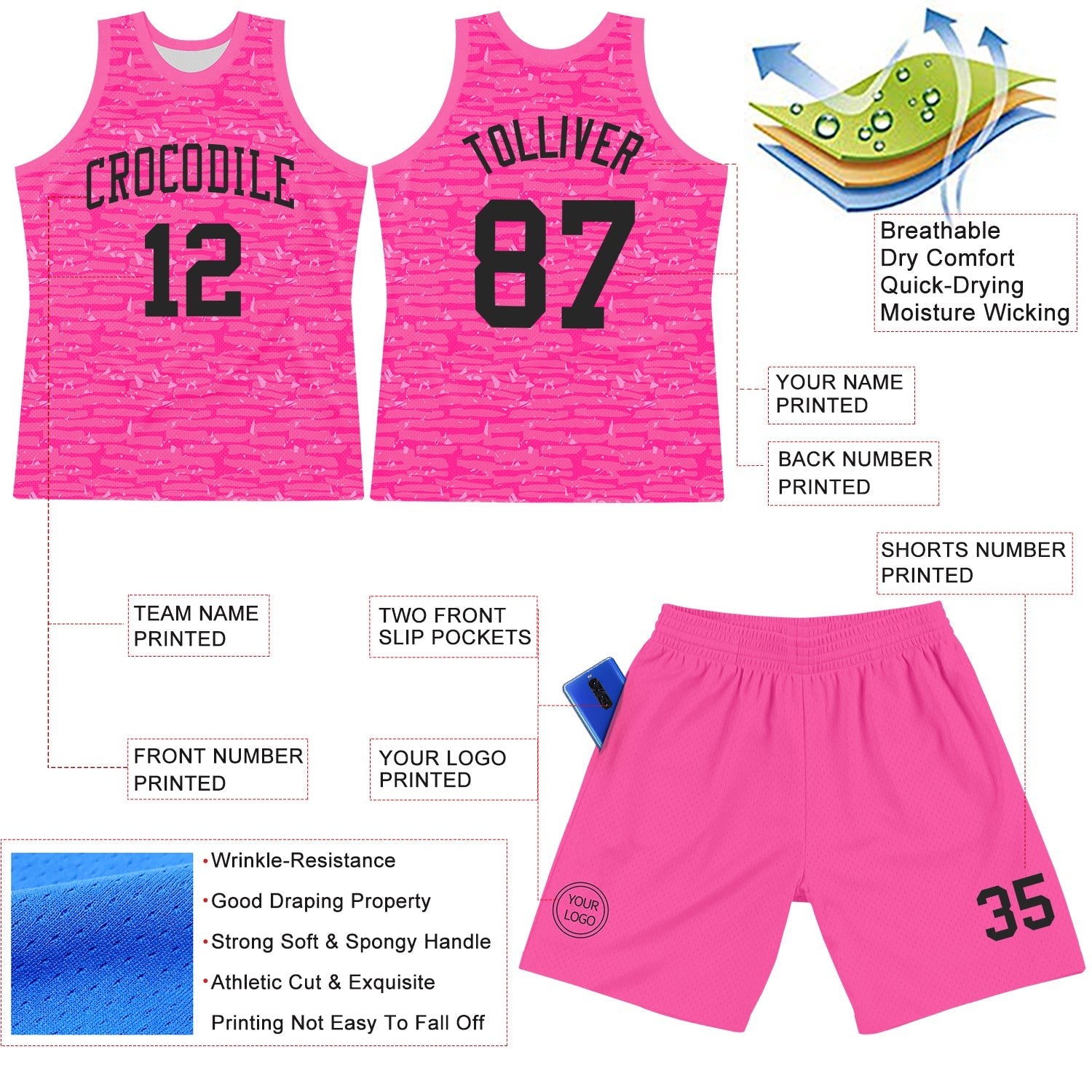 Custom Pink Black Fragment Art Round Neck Sublimation Basketball Suit Jersey - Sky-Custom