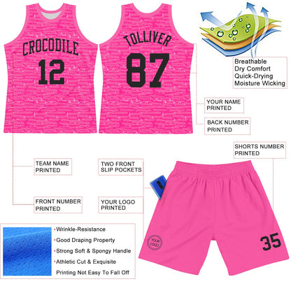 Custom Pink Black Fragment Art Round Neck Sublimation Basketball Suit Jersey - Sky-Custom