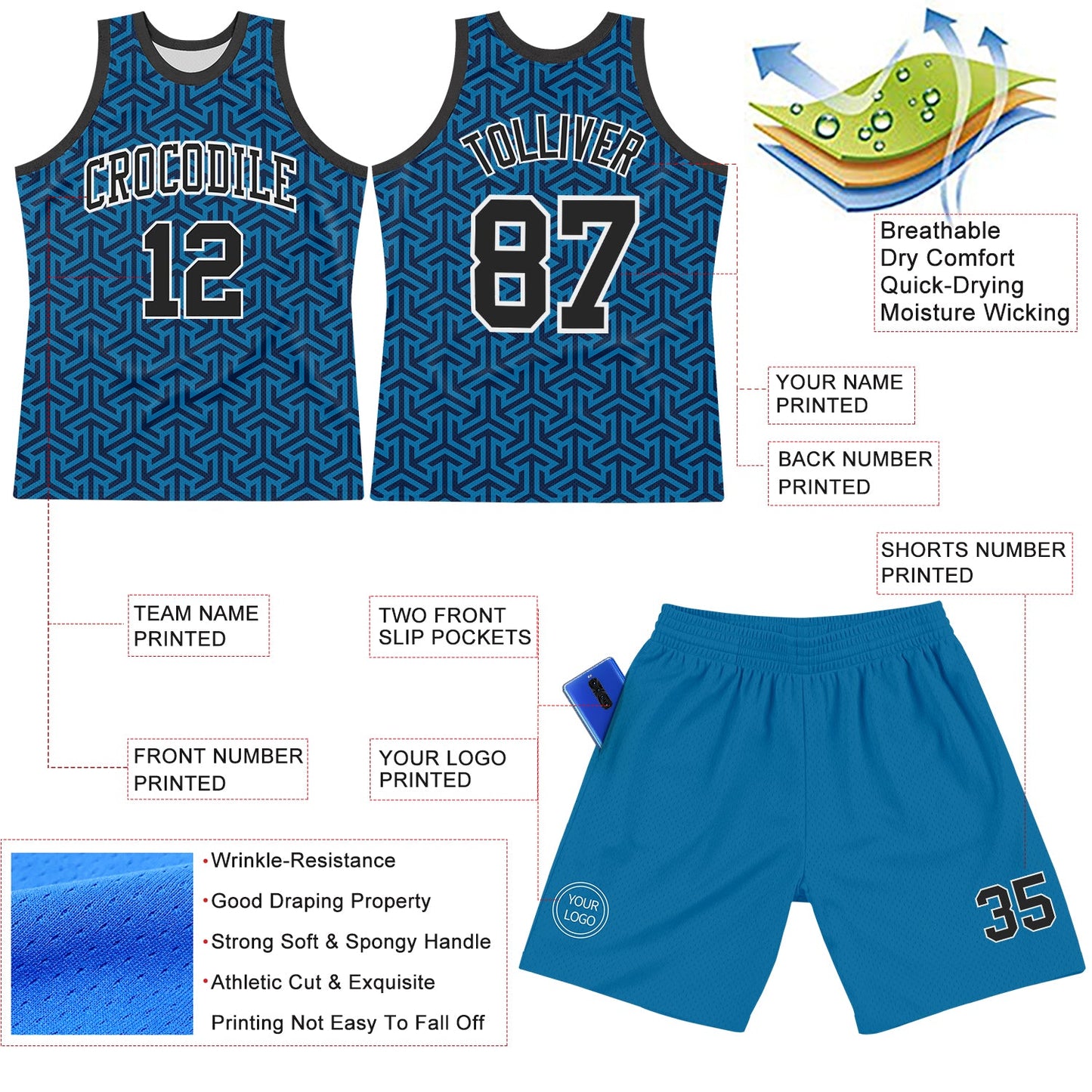 Custom Blue Black-White Arrow Shape Round Neck Sublimation Basketball Suit Jersey - Sky-Custom