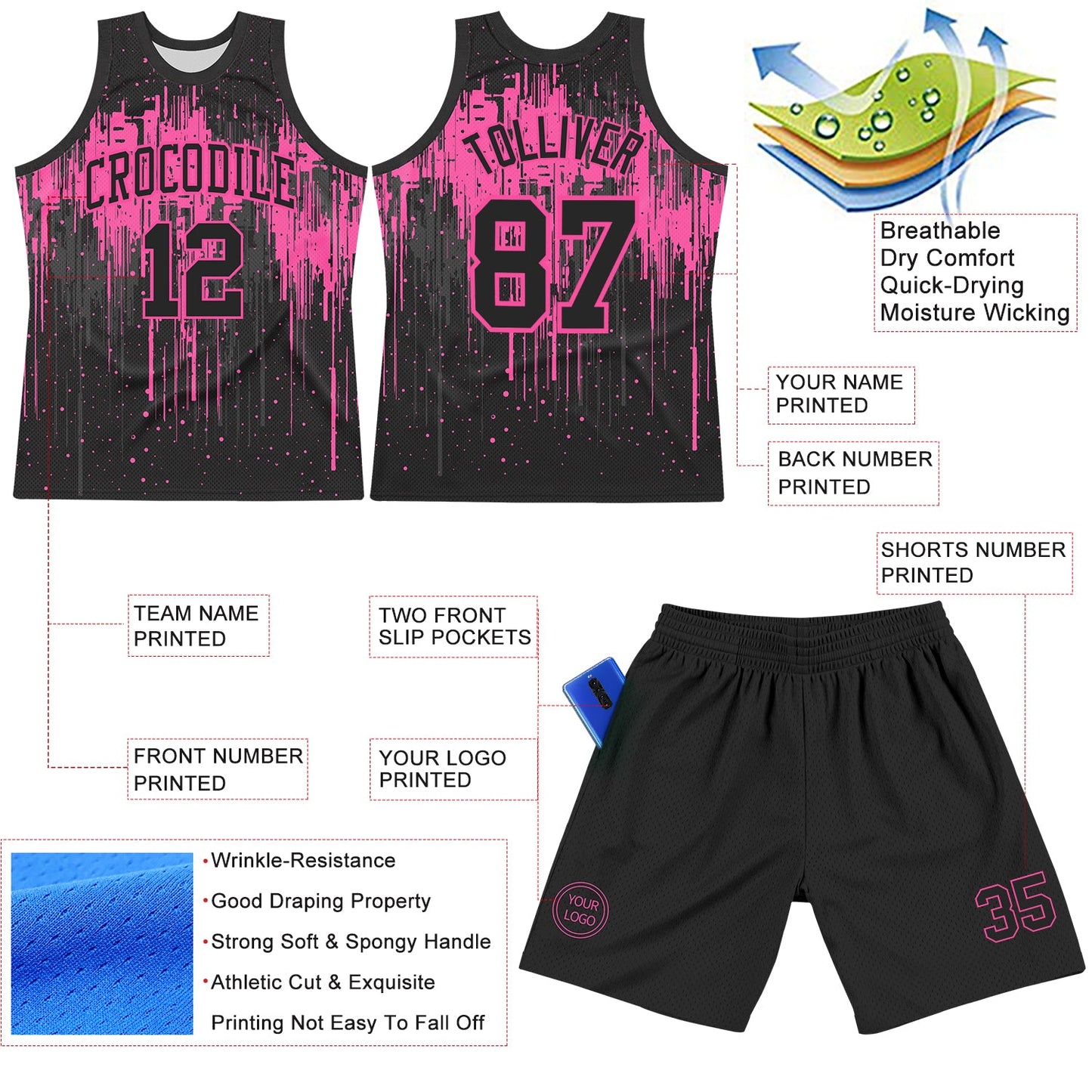 Custom Black Pink Dripping Splatter Art Round Neck Sublimation Basketball Suit Jersey - Sky-Custom