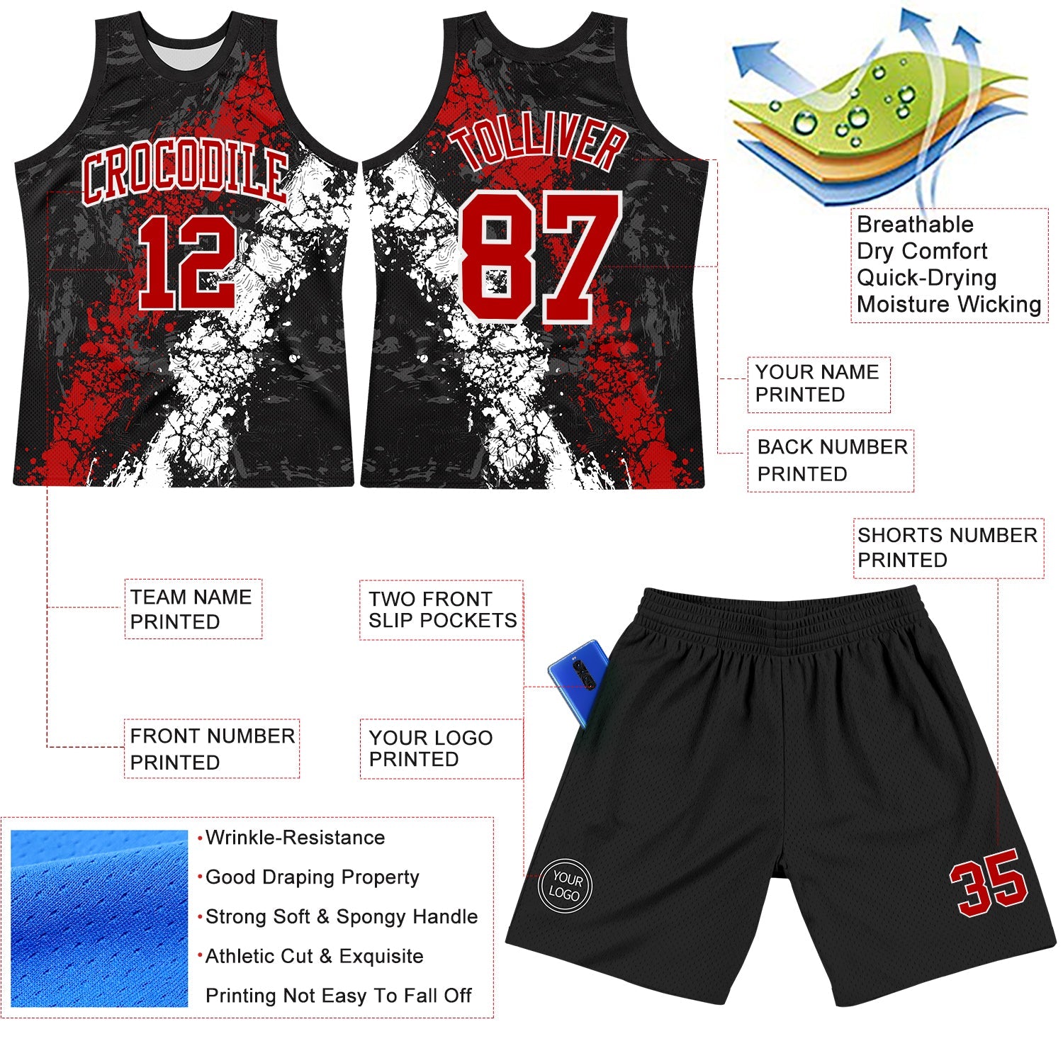 Custom Black Red-White Splash Round Neck Sublimation Basketball Suit Jersey - Sky-Custom