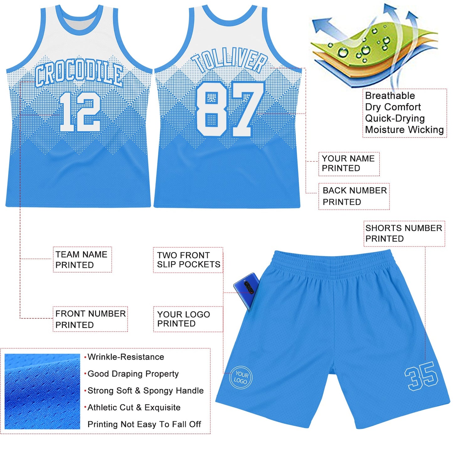 Custom White Powder Blue Gradient Square Shapes Round Neck Sublimation Basketball Suit Jersey - Sky-Custom