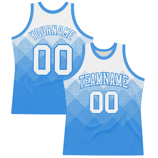 Custom White Powder Blue Gradient Square Shapes Round Neck Sublimation Basketball Suit Jersey - Sky-Custom