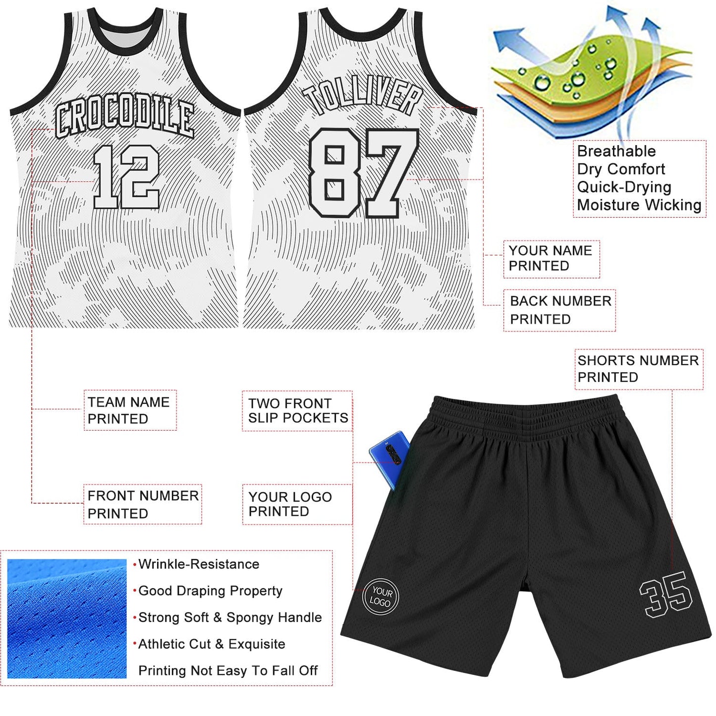 Custom White Black Curve Lines Round Neck Sublimation Basketball Suit Jersey - Sky-Custom