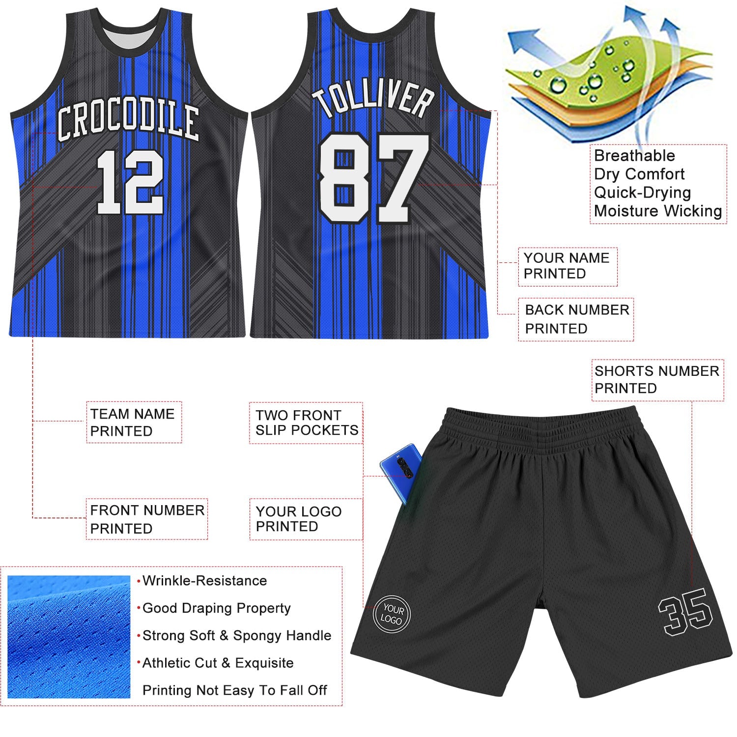 Custom Black White-Royal Line Round Neck Sublimation Basketball Suit Jersey - Sky-Custom