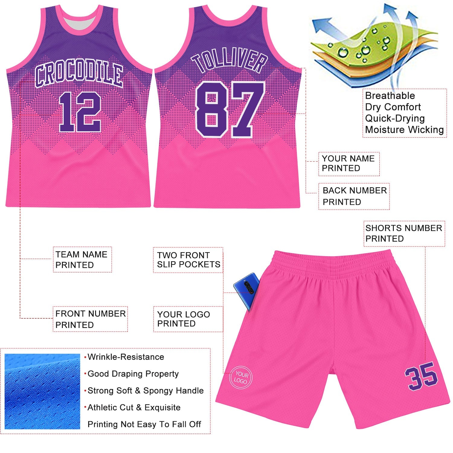 Custom Purple Pink-White Gradient Square Shapes Round Neck Sublimation Basketball Suit Jersey - Sky-Custom