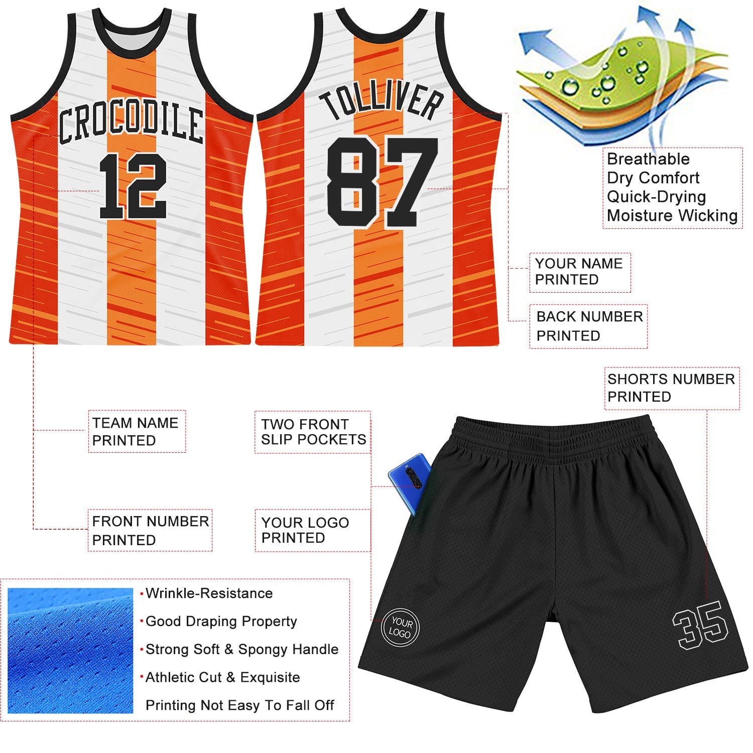 Custom White Black-Orange Line Round Neck Sublimation Basketball Suit Jersey - Sky-Custom