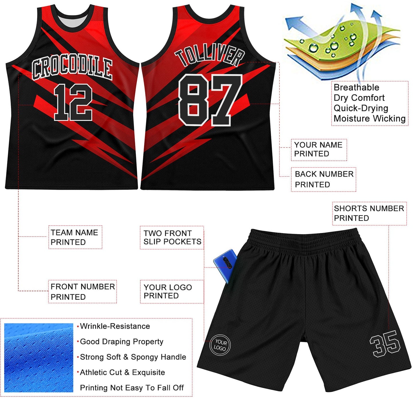 Custom Black Red-White Line Round Neck Sublimation Basketball Suit Jersey - Sky-Custom