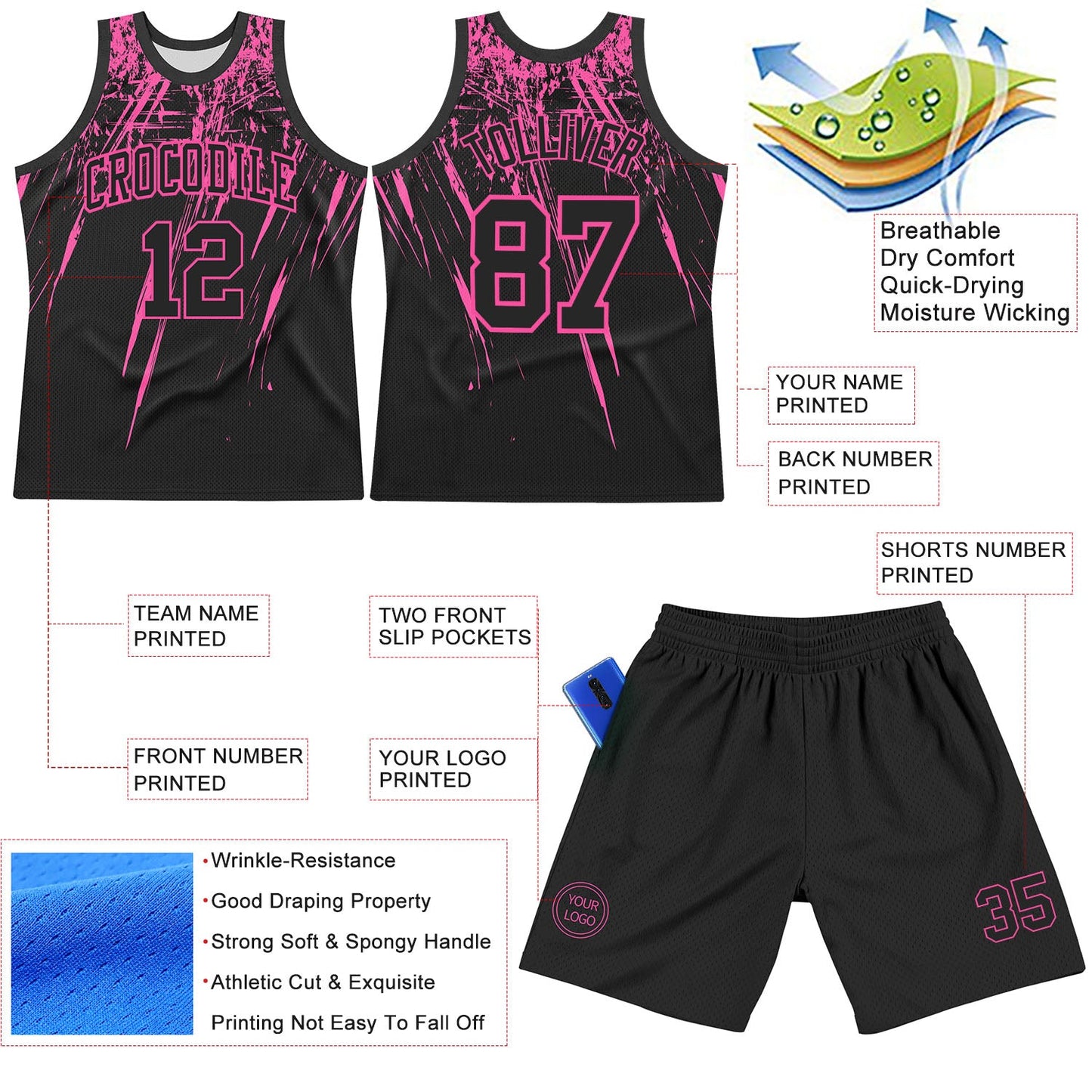Custom Black Pink Splash Round Neck Sublimation Basketball Suit Jersey - Sky-Custom