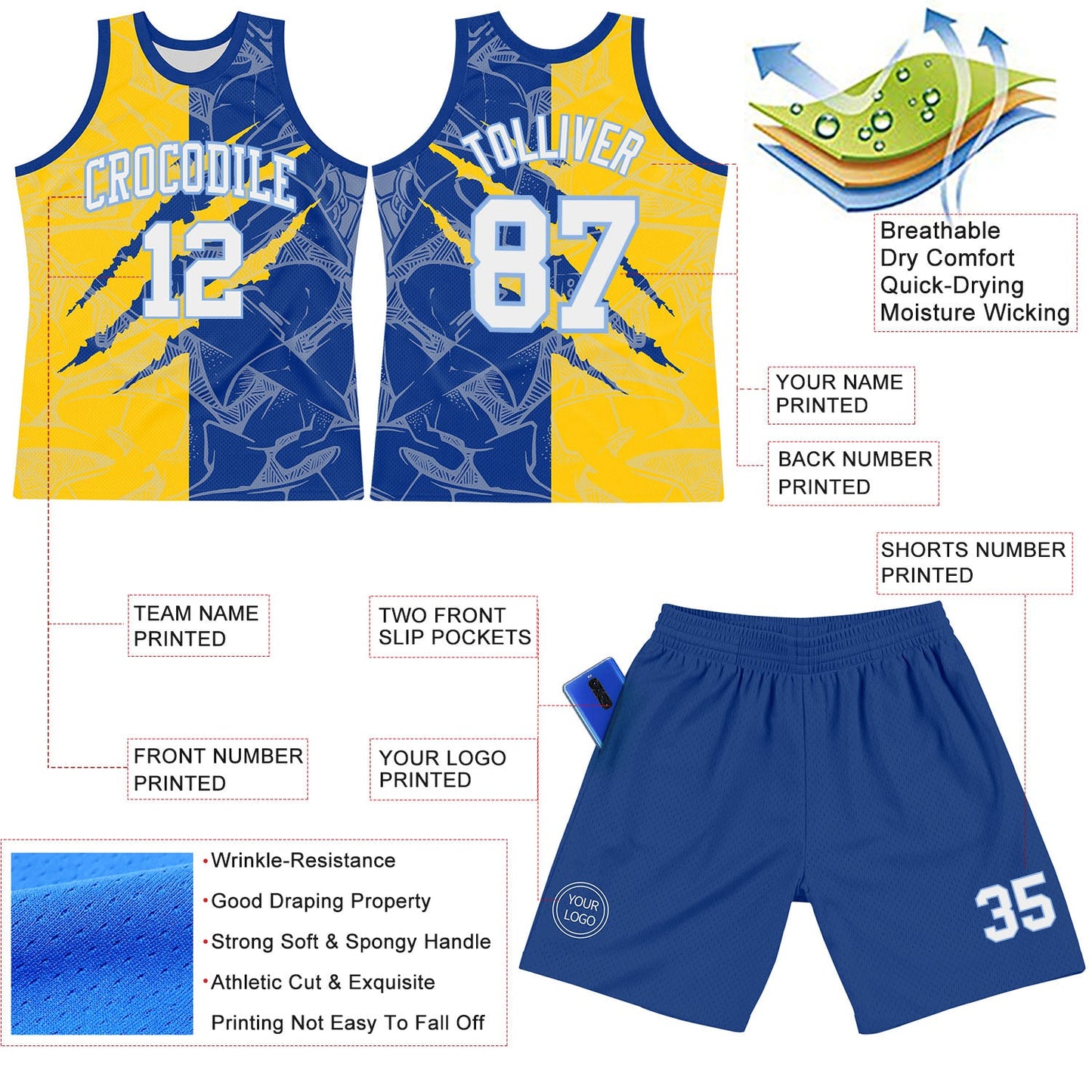 Custom Graffiti Pattern White Royal Yellow-Light Blue Scratch Round Neck Sublimation Basketball Suit Jersey - Sky-Custom