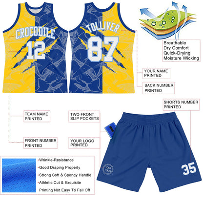Custom Graffiti Pattern White Royal Yellow-Light Blue Scratch Round Neck Sublimation Basketball Suit Jersey - Sky-Custom