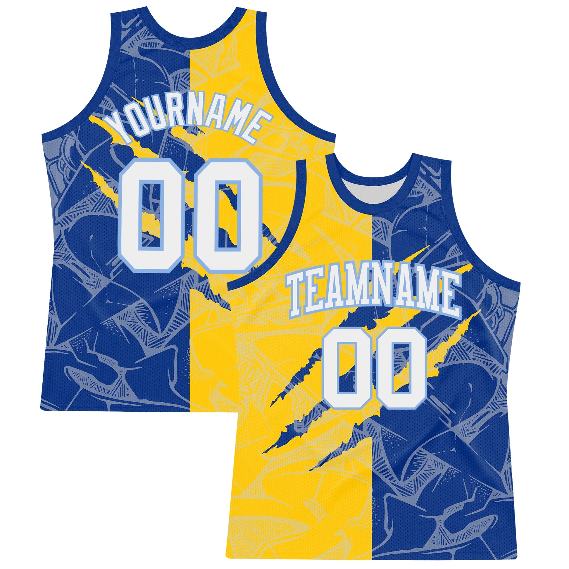 Custom Graffiti Pattern White Royal Yellow-Light Blue Scratch Round Neck Sublimation Basketball Suit Jersey - Sky-Custom