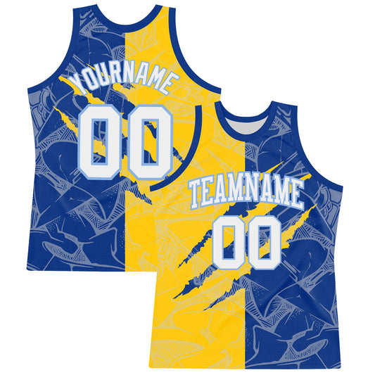 Custom Graffiti Pattern White Royal Yellow-Light Blue Scratch Round Neck Sublimation Basketball Suit Jersey - Sky-Custom