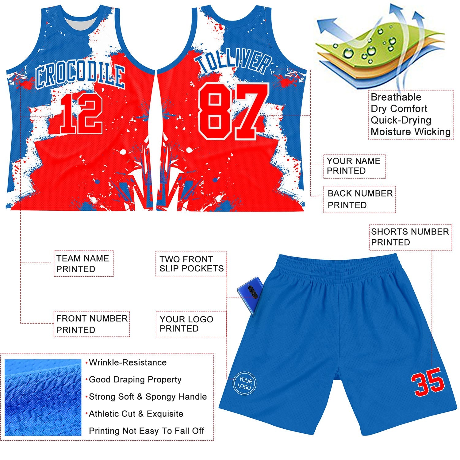 Custom Royal Red-White Splash Round Neck Sublimation Basketball Suit Jersey - Sky-Custom