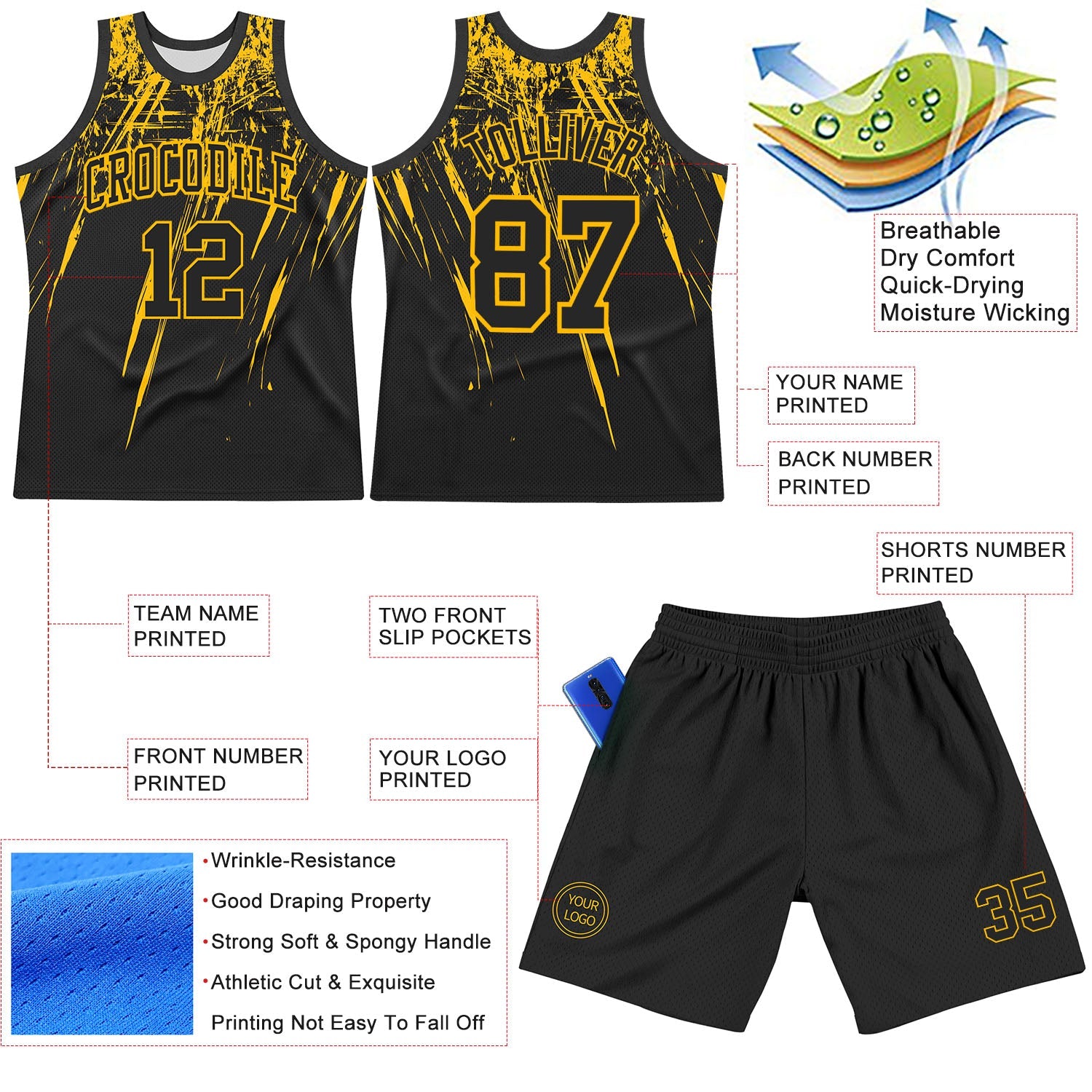 Custom Black Gold Splash Round Neck Sublimation Basketball Suit Jersey - Sky-Custom