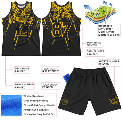 Custom Black Gold Splash Round Neck Sublimation Basketball Suit Jersey - Sky-Custom